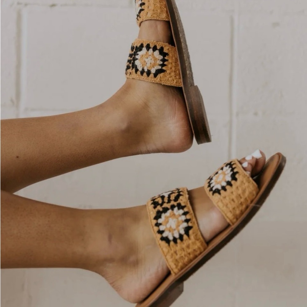 Free People Juliet Crochet Strap Slides with Floral Design in the color Wheat - Picture 6 of 10